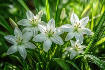 Obraz premium serene cluster of white star-shaped lilies nestled in lush green grass with dewy leaves and soft sunlight