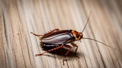 Close-up of a large American cockroach on a wooden floor, pest control concept.