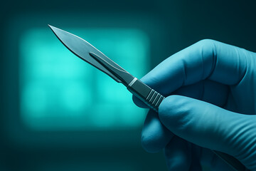 Surgeon hand in blue glove holding a scalpel against a blue digital medical interface screen background