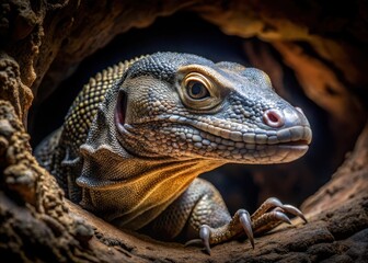 A large monitor lizard emerges from darkness in a cave