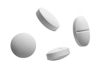 White pills floating in air with different shapes and sizes on transparent background