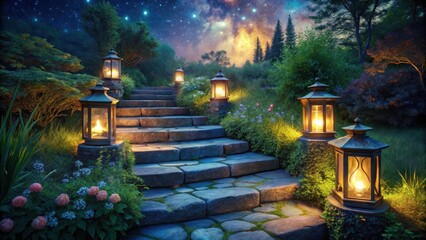 Lanterns sitting on stone steps in a serene garden illuminated by soft moonlight and twinkling stars at night