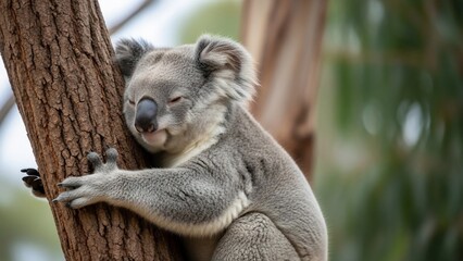 Obraz premium Close-up of a sleepy koala clinging to a eucalyptus tree trunk.