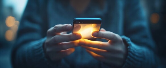 Close-up of hands holding a glowing smartphone at dusk, warm screen light illuminating fingers and cozy sweater, blurred bokeh background conveying a quiet, contemplative mood