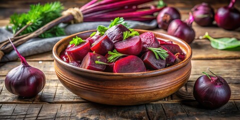 Slow cooked beets with a savory aroma in a rustic ceramic bowl