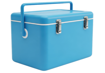 Vintage Style Sky Blue Metal Cooler Box with Handle and Latches on transparent background