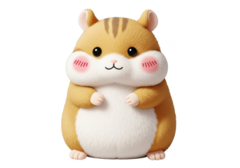 Cute cartoon hamster toy with white belly and brown stripes on transparent background