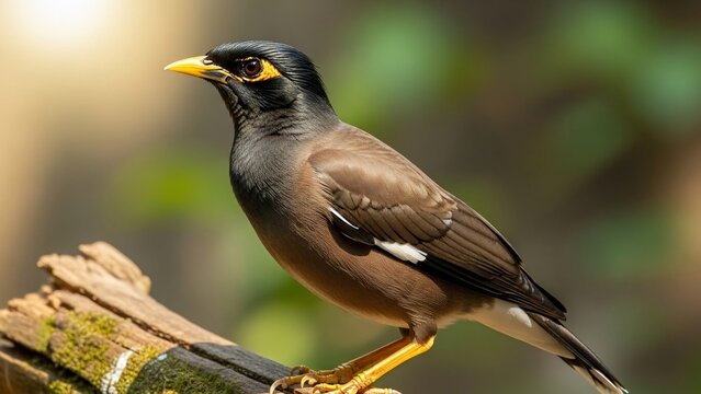 Common Myna Bird Perched on a Branch in Natural Habitat.