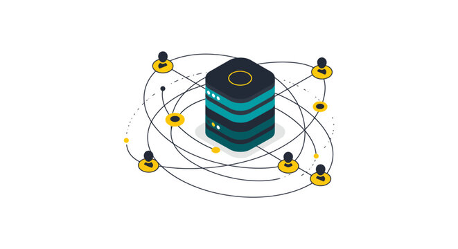 cloud data server icon connecting multiple users in global network flat isometric illustration for data sharing hosting and saas concepts