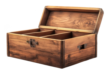 Vintage wooden jewelry storage box with compartments on transparent background
