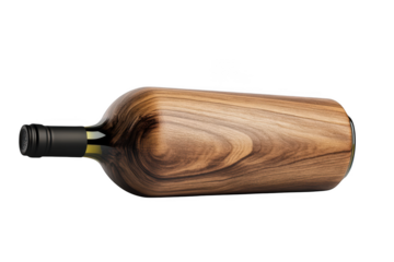 Wine bottle made of wood with black cap on transparent background