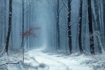 Snowy winding path through a misty winter forest of tall bare trees with a single small red-leaved sapling, evoking serene solitude and quiet mystery
