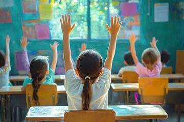 group of elementary students sitting at wooden desks in a colorful classroom raising their hands toward a sunlit window, eager and engaged