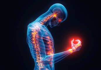 Translucent human skeleton with glowing orange spine and joints, hunched forward clutching a red inflamed wrist, conveying pain, discomfort and musculoskeletal injury