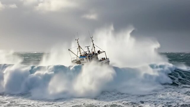 Lone boat rocking violently, tossed by rough waves on unpredictable sea