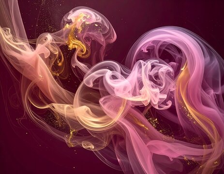 Swirling abstract smoke or fabric in shades of pink, gold, and red