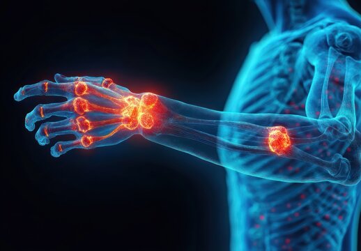 translucent skeletal arm and hand with glowing red inflamed wrist, elbow and finger joints conveying intense joint pain and inflammation