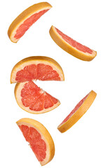 vibrant grapefruit slices scattered on a dark background, perfect for illustrating healthy eating, citrus flavors, and fresh fruit recipes in a visually appealing way
