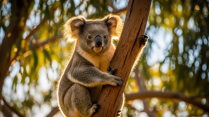 Obraz premium Koala climbing a tree in Australia with golden hour sunlight.