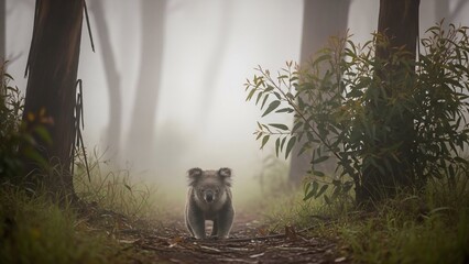 Koala in a misty Australian eucalyptus forest, walking on a path surrounded by trees and foliage.