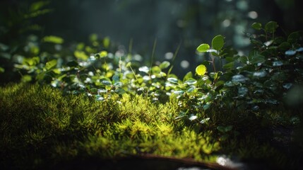 Enchanted forest floor with vibrant moss and sunlit leaves, mystical mood