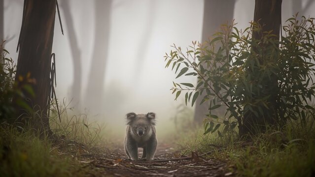 Koala in a misty Australian eucalyptus forest, walking on a path surrounded by trees and foliage. - Powered by Adobe