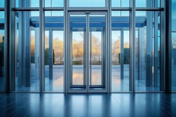 Modern glass entrance with double doors, floor-to-ceiling windows and reflective tiled floor overlooking autumn trees, calm and serene lobby atmosphere