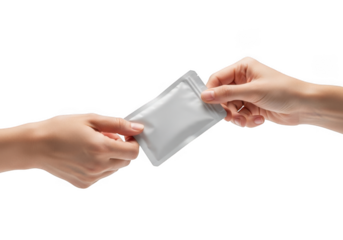 Person exchanging small gray foil pouch from one hand to another on transparent background