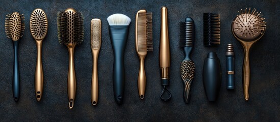 Row of assorted black and gold hair brushes, combs, styling tools and a white-tipped makeup brush on a dark textured background evoking elegant organized grooming