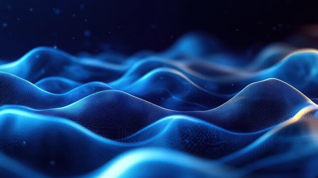 calm glowing blue digital mesh waves with tiny particles in a dark futuristic landscape - Powered by Adobe