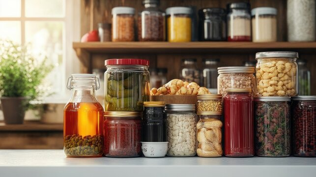 assortment of glass jars filled with pickles, sauces, jams, grains and nuts on a sunlit rustic kitchen countertop evoking cozy homemade pantry warmth and order - Powered by Adobe