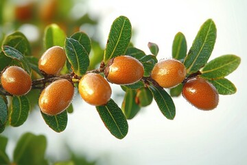 close-up of a branch with small orange oval berries and glossy green leaves dusted with morning dew, evoking a fresh and peaceful natural mood