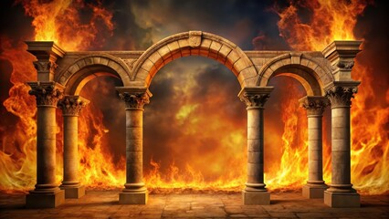 Blazing inferno with flames forming a majestic archway around ancient stone columns