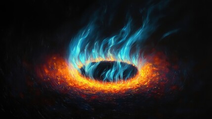 glowing ring of orange embers and blue flames rising from a dark central void, surreal eerie and intense atmosphere