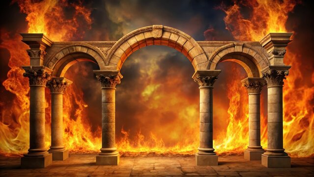 Blazing inferno with flames forming a majestic archway around ancient stone columns - Powered by Adobe