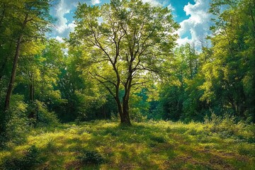 Sunlit solitary tree in a peaceful forest clearing with lush grass, dappled light, verdant canopy and bright blue sky