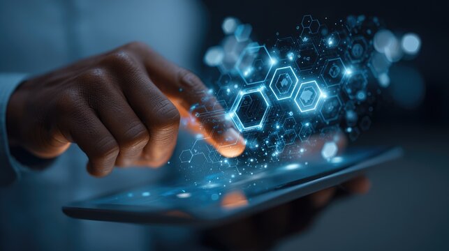 Hand Interacting with Digital Tablet Displaying Emerging Technology Concepts and Networks in Futuristic Blue Glow - Powered by Adobe