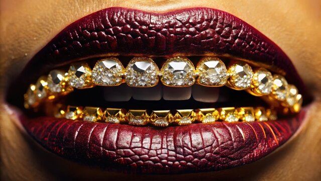 Sparkling lips with gold grillz adornments surrounded by luxurious velvet and diamond accessories