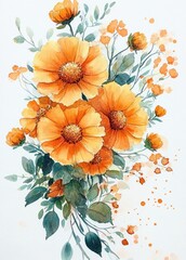 vibrant orange watercolor bouquet of large open flowers with small buds, green leaves, stems and paint splatters on a soft white background conveying warm cheerful delicate freshness