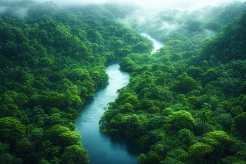 Aerial view of a meandering river winding through a dense misty rainforest canopy, lush green trees and fog creating a serene tranquil atmosphere