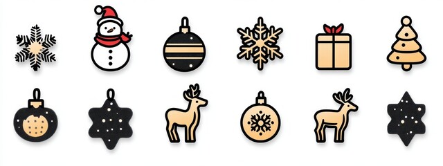 Playful festive holiday icon set showing snowflakes, a smiling snowman, round and star ornaments, wrapped gift, stylized tree, reindeer and cookie shapes in beige, black and red