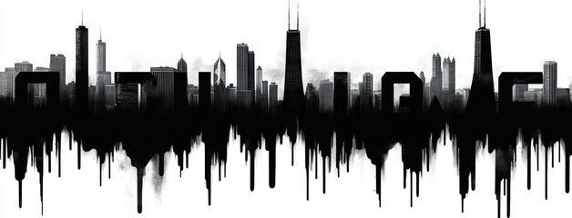 Obraz premium monochrome city skyline silhouette with mirrored dripping paint reflection, tall skyscrapers and hazy atmosphere evoking a moody, haunting urban panorama
