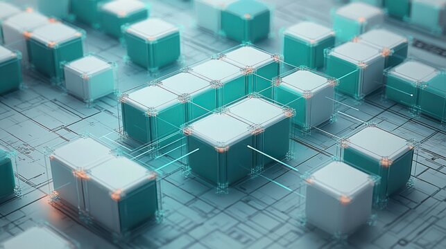 Teal glowing 3D modular cubes connected by illuminated circuit lines on a digital grid, conveying a futuristic precise technological network - Powered by Adobe