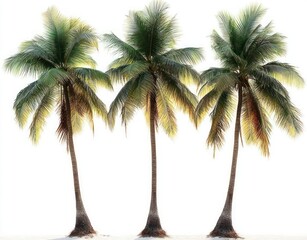 Obraz premium three sunlit tropical palm trees with lush green fronds on sandy bases evoking a calm relaxed beach mood