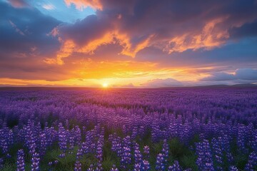 Fototapeta premium endless purple lupine field under a dramatic golden sunset with fiery clouds and distant mountains, tranquil and awe-inspiring