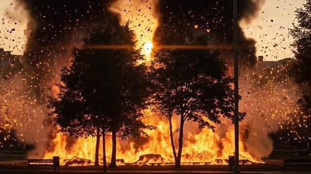 Dramatic fire consuming park trees, bright sun disk lens flare.