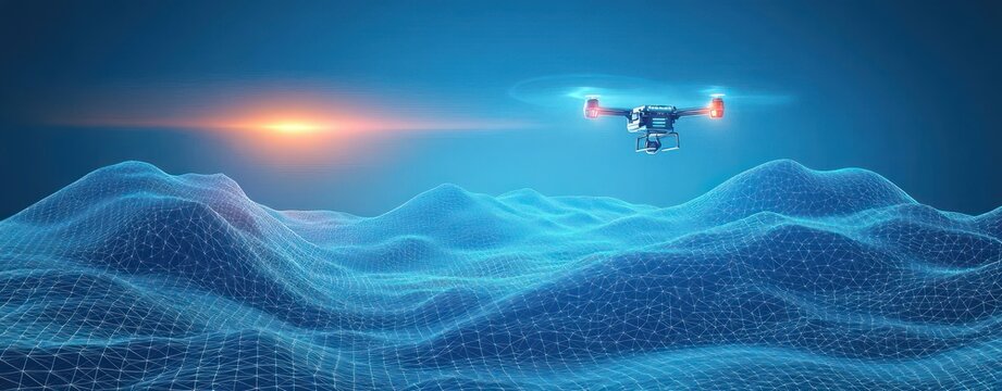 camera-equipped quadcopter drone hovering above glowing blue wireframe terrain at sunrise, evoking futuristic exploration and calm surveillance