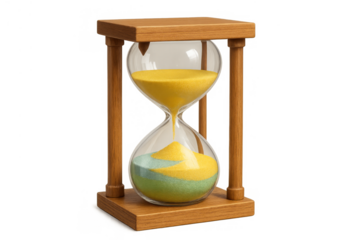 Hourglass with flowing yellow and cyan sand in a wooden frame measuring time, deadline, and countdown, transparent background