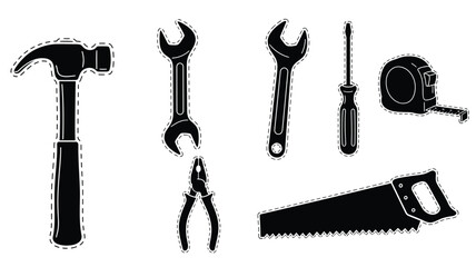 Fototapeta premium Black and white tools arrangement hammer wrenches screwdriver and saw silhouette