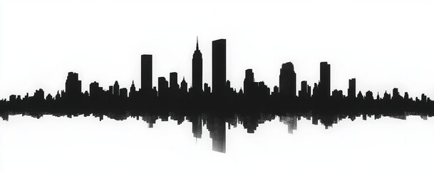 Fototapeta premium monochrome city skyline silhouette with mirrored reflection, minimalist high-rise buildings and a calm, contemplative atmosphere